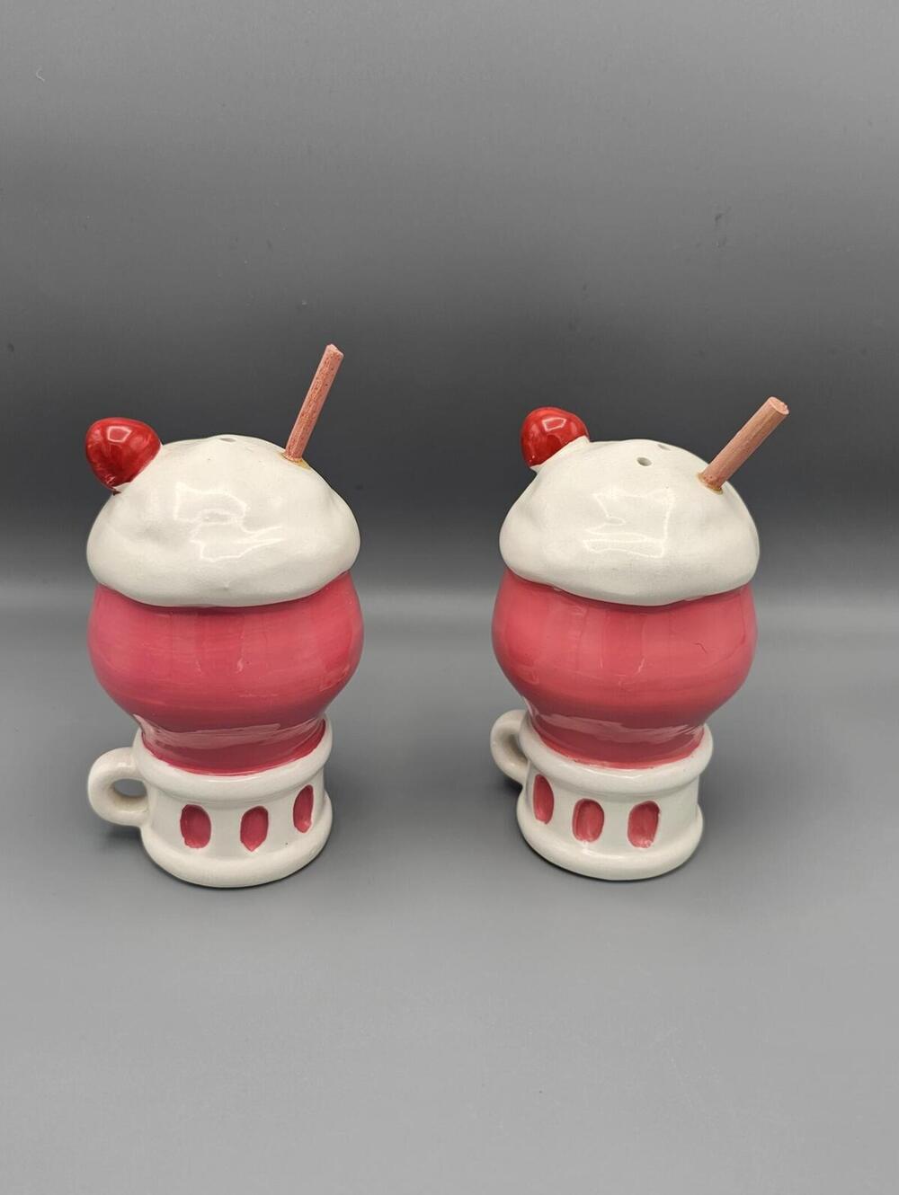 Vintage Lego Ceramic Salt and Pepper Shakers - Strawberry Milkshake Design